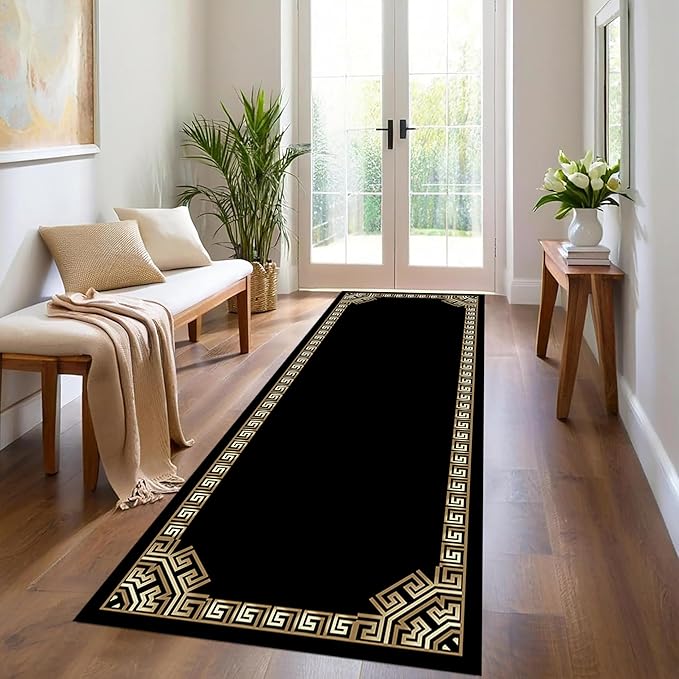 Greek Key Runner Rugs, 2.6x10ft, Vintage Traditional Tribal Black and Gold Color Stain Resistant Long Rug Runners, Entryways Non Slip Washable Sturdy Room Decor Mat for Kitchen Bedroom
