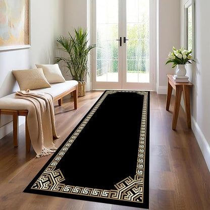 Greek Key Runner Rugs, 2x6ft, Vintage Traditional Tribal Black and Gold Color Stain Resistant Long Rug Runners, Entryways Non Slip Washable Sturdy Room Decor Mat for Kitchen Bedroom