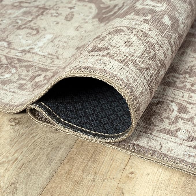 Bloom Rugs Washable Non-Slip 6' x 9' Rug - Light Brown Traditional Medallion Area Rug for Living Room, Bedroom, Dining Room, and Kitchen - Exact Size: 6' x 9'