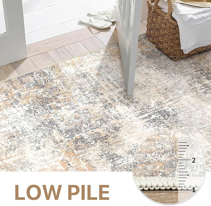 Bavni 8x10 Area Rugs Machine Washable Rug for Living Room, Modern Printed Rug Indoor Soft Area Rug for Bedroom Dining Room, Ultra-Thin Low Pile Carpet with Non Slip Rubber Backing, Beige Gray