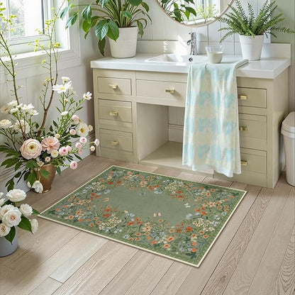 Wonnitar 2x3 Boho Bathroom Rugs Non Slip Washable Kitchen Rug, Green Floral Small Area Rugs for Entryway, Low Pile Soft Door Mat Indoor Entrance Throw Carpet for Bedside Laundry Room (Green,2'x3')