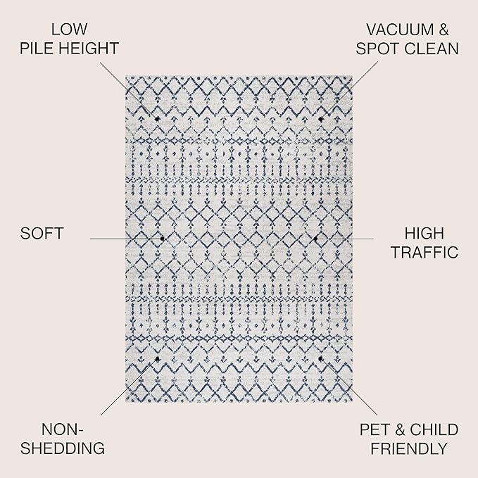 JONATHAN Y Boho Vintage Diamond Cream/Navy Indoor Area Rug 5X8 ft, Moroccan Hype for Living Room, Bedroom, Kitchen, Office, Easy-Cleaning, High Traffic, Pet-Friendly, Non-Shedding (MOH101F-5)