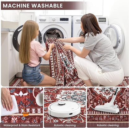 2' x 3' Red Washable Area Rugs, Non-Slip Entryway Rug, Boho Low Pile Door Mat Indoor Entrance, Floral Medallion Pattern Vintage Rugs for Kitchen Bedroom Bathroom Laundry Living Room Farmhouse