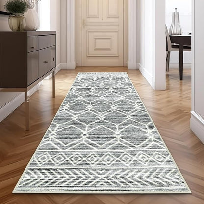 jinchan Moroccan Runner Rug 3x10 - Kitchen Machine Washable Runner Rug Modern Geometric Low-Pile Lightweight Non-Slip Carpet for Entryway Hallway Laundry Room Bedroom Bedside (3x10ft, Grey)