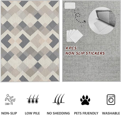 Modern Area Rug Living Room Rugs 5x6, Minimalist Soft Boho Geometric Rug, Non-Slip Washable Low Pile Non Shedding Carpet for Bedroom Office Dining Room Kitchen Nursery, Gray Beige White