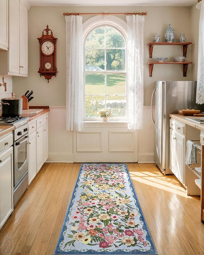 Floral Runner Rug 2x6 - Washable Vintage Kitchen Rug Low Pile Non-Slip Carpet for Entryway Hallway, Laundry, Bedroom - Soft, Stain Resistant Indoor Area Rug - Blue