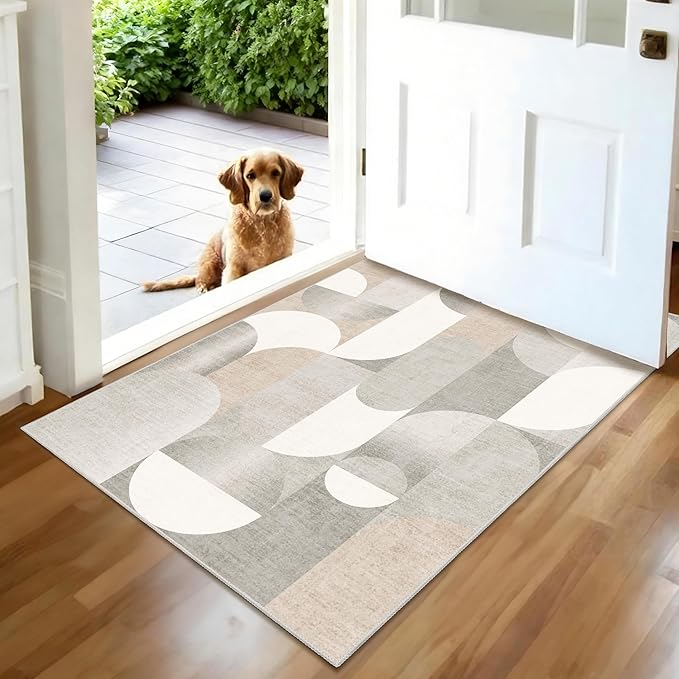 Small Rugs 2x3 Grey Rug for Entryway Bathroom Kitchen Entrance Doormat,Modern Geometric Accent Floor Throw Carpet Non Slip,Beige