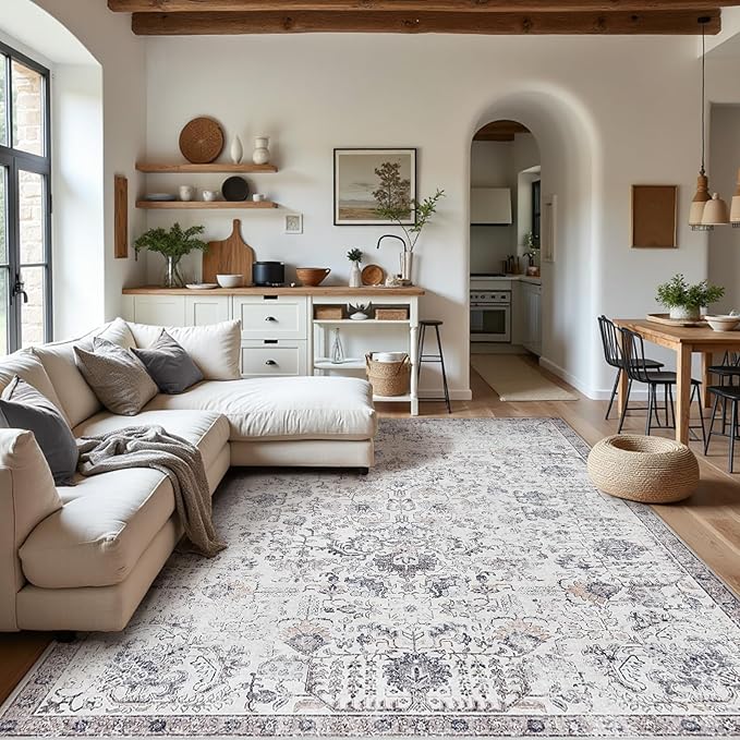 jinchan Area Rug 9x12 Washable Living Room Rug Vintage Indoor Large Floor Cover Retro Accent Mat Distressed Gray Floral Country Boho Non Slip Thin Carpet for Bedroom Kitchen Dining Room Office Grey