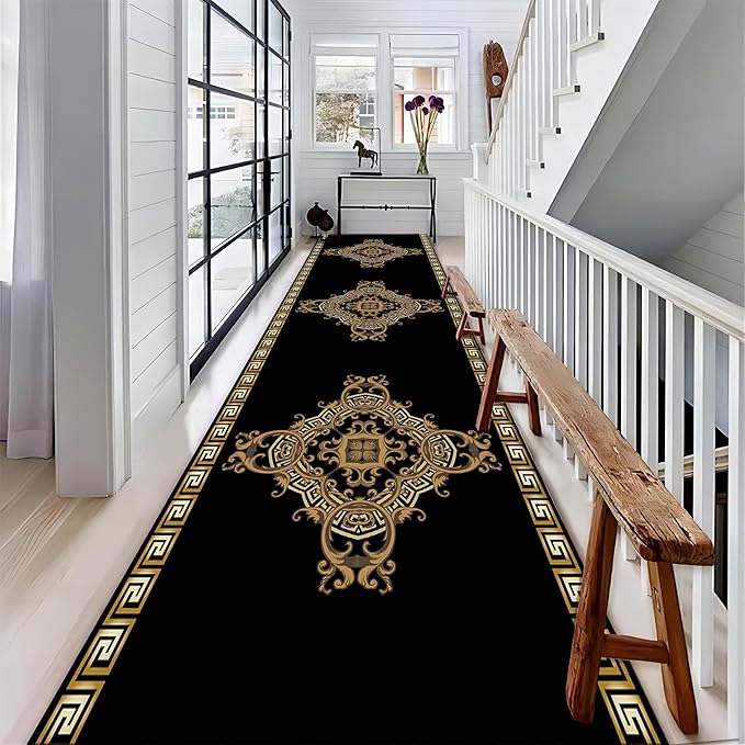 Vintage Baroque Art Long Hallway Rugs Runners, 3.3x10ft, Luxury European Geometric Living Room Rug, Gold Greek Meandering Soft Washable Mats, Shed Resistant Pet Friendly Carpet for Indoor