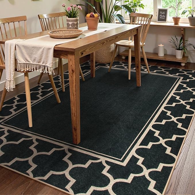 Moynesa Moroccan Easy Jute Outdoor Rug 8x10, Black Washable Living Room Rug Indoor Outdoor Patio Rug Non Slip, Geometric Farmhouse Carpet for Backyard Bedroom Dining Room