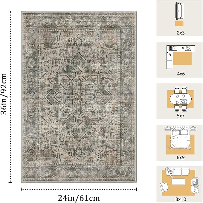 2x3 Machine Washable Area Rug for Entryway, Grey Rusty Boho Vintage Floral Rug Non-Slip Low Pile Soft Faux Wool Small Carpet, Kids and Pets Friendly for Bedroom Kitchen Hallway Bedside Home Decor Rug