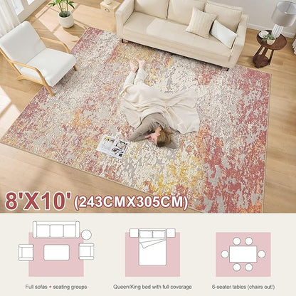 Area Rug Living Room Rugs - 8x10 Washable Large Soft Indoor Neutral Modern Abstract Low Pile Rug Carpet for Bedroom Dining Room Farmhouse Home Office - Colorful