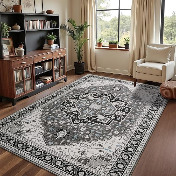6x9 Black Grey Area Rug for Living Room, Machine Washable Rugs with Non-Slip Backing for Bedroom, Vintage Medallion Carpet Dining Room Office Kids Room Decor