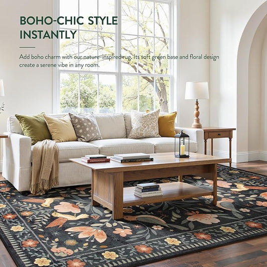 Moynesa Area Rugs 9x12 Black Folk Art Home Decor, Modern Transitional Aesthetic Floral Bird Medallion Carpet for for Living Room Bedroom Dining Room,Non-Slip Washable Floor Protection