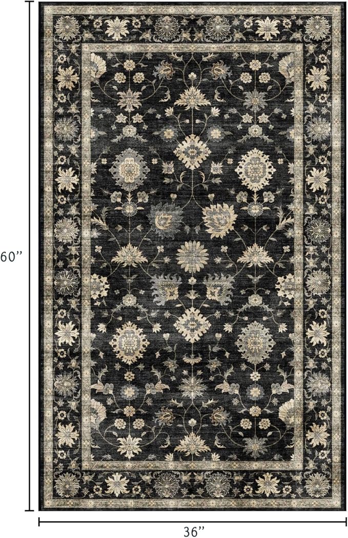 3x5 Washable Area Rug - Small Entryway Rug Non-Slip Charcoal Black Vintage Traditional Floral Kitchen Rugs Low Pile Boho Entry Carpet Throw Rugs for Living Room Bedroom Bathroom Entrance Office