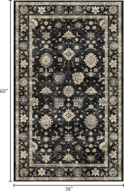 3x5 Washable Area Rug - Small Entryway Rug Non-Slip Charcoal Black Vintage Traditional Floral Kitchen Rugs Low Pile Boho Entry Carpet Throw Rugs for Living Room Bedroom Bathroom Entrance Office