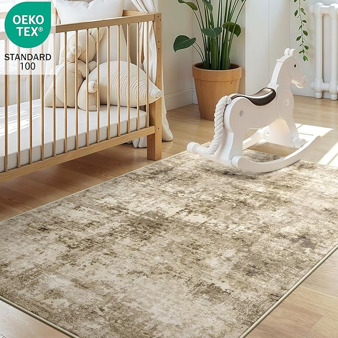 3x5 Machine Washable Area Rug for Entryway, Brown Modern Vintage Abstract Rug Non-Slip Low Pile Soft Faux Wool Small Carpet, Kids and Pets Friendly for Bedroom Kitchen Hallway Home Decor Rug