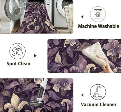 Purple Luxury Floral Texture Rug for Living Room 5x7, Low Pile Non-Slip Backing, Machine Washable Easy Fold Rug for Home, Office, Dorm Room