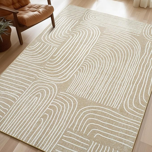 Phantoscope Washable Area Rug 5'x7' Non-Slip, Modern Neutral Boho Rugs for Living Room, Bedroom, Dining Room, Abstract Hand-Drawn Wavy Line Pattern, Low-Pile Foldable Floor Carpet, Beige/Ivory