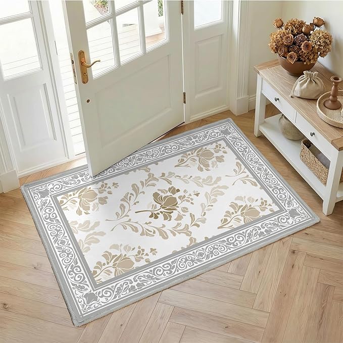 SOULFUL Medium Pile 3x5 Area Rug - Soft Underfoot Small Entryway Rug - Light Taupe Boho Floral - Washable Non-Slip - Perfect for Living Room Bedroom Foot Kids Room Reading Nook