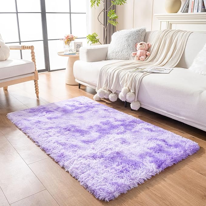 duduta Purple Plush Rugs for Bedroom 4x6 ft, Tie Dye Fluffy Carpet for Living Room, Shag Rug for Kids Room Dorm Nursery Playroom