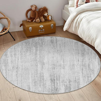 MUJOO Round Rugs 5ft,Circle Area Rug Washable,Circular Rugs for Living Room Dining Room,Modern Abstract Non Slip Throw Carpet Accent Neutral Grey