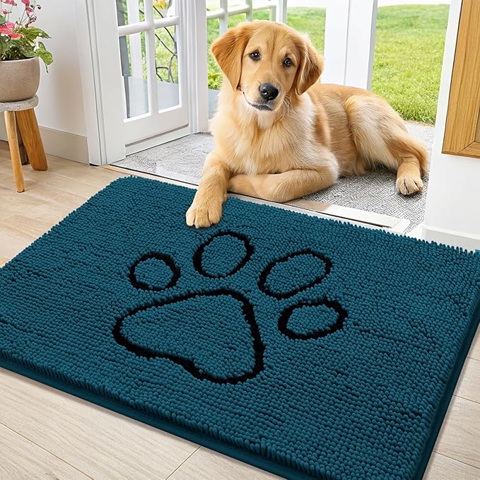 Smiry Dog Door Mat for Muddy Paws, Absorbent Dirt Trapper Non Slip Quick Dry Washable Chenille Mat for Mud Dogs, Entry Rug for Indoor and Outdoor (36x24 Inches, Atlantic Blue and Black)