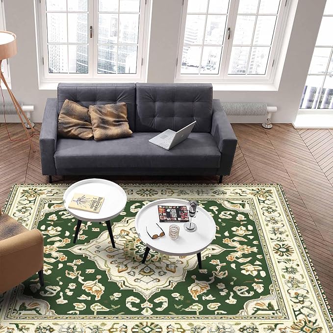 Green Bohemian Rectangular Area Rugs for Living Room Bedroom 2.8 x 5 ft Vintage Farmhouse Floral Pattern Non-Shedding Soft Low Pile Rug Non Slip Washable Rug for Nursery Entryway Playroom