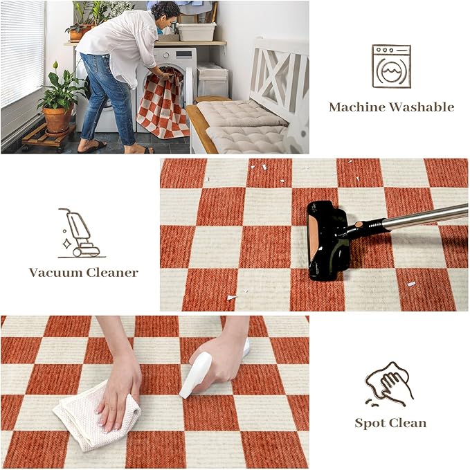 LIVEBOX 8x10 Area Rugs for Living Room, Checkered Non-Slip Washable Rugs, Farmhouse Neutral Classic Halloween Pattern Large Boys Area Rug for Bedroom, Carpet for Dining Room Office(Orange,8'x10')