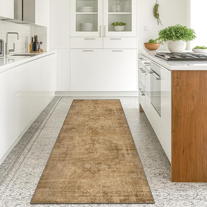 Farmhouse Kitchen Runners Rug 2x6, Washable Medallion Rug for Bathroom, Hallway, Entryway Indoor, Abstract Vintage Indoor Décor, Non Slip Rubber Backing, Stain Resistant Carpet (Gold Brown)