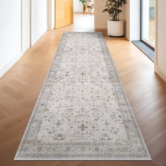 Geometric 3x20 Wide Hallway Runner - Light Gray with Taupe Accent, Boho Floral Pastel Decor, Washable Low Pile Non Slip Stain Resistant Rug for Long Kitchen, Hall Way