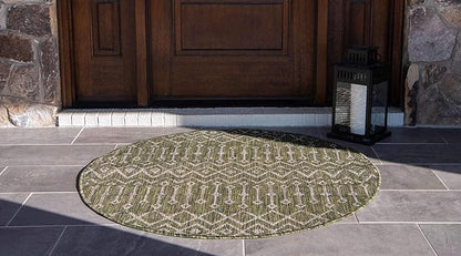 Unique Loom Outdoor Trellis Collection Area Rug - Tribal Trellis (4' 1" Round, Green/ Natural)