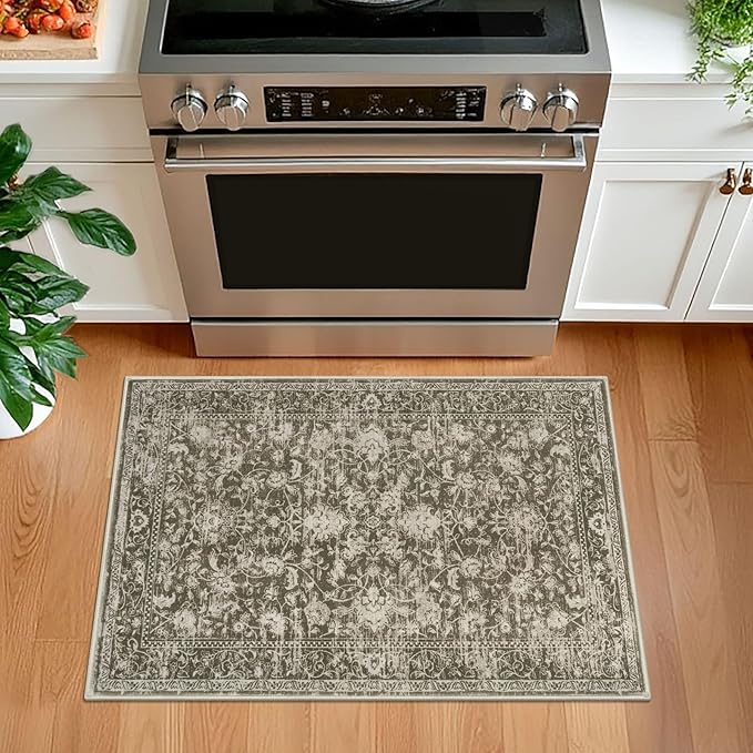 KILOCOCO Moroccan Small Area Rug 2x3 Entryway Rugs Printed Vintage Floral Washable Rug Non-Slip Kitchen Rug Indoor Door Mat, Accent Throw Small Rugs for Laundry Room Bedroom Entrance, Taupe/Green