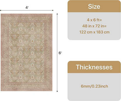 Bavni 4x6 Vintage Floral Rug, Washable Non Slip Area Rug for Entryway, Bedroom, Kitchen or Living Room, Low Pile Carpet, Brown Pink
