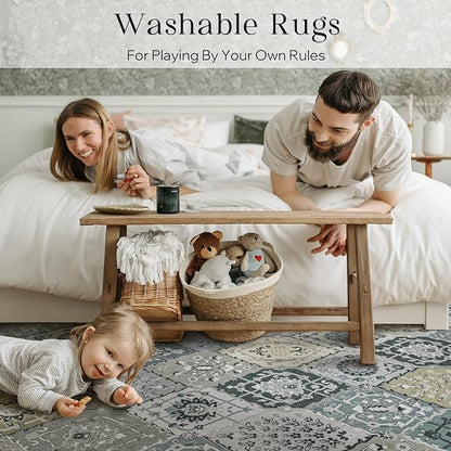 Phantoscope Washable Area Rug 6'x9' Non-Slip, Vintage Boho Rugs for Living Room, Bedroom, Dining Room, Distressed Moroccan Mosaic Diamond Pattern, Low-Pile Foldable Floor Carpet, Grey Charcoal