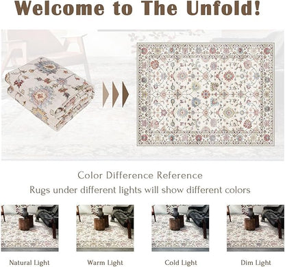 3x5 Washable Area Rug - Small Entryway Rug Non-Slip Cream Colorful Vintage Traditional Floral Kitchen Rugs Low Pile Boho Carpet Throw Rugs for Living Room Bedroom Bathroom Entrance Dorm Office