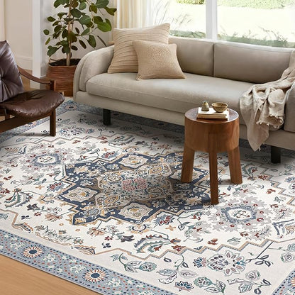Phantoscope Washable Area Rug 4'x6' Non-Slip, Vintage Boho Rugs for Living Room, Bedroom, Dining Room, Persian Floral Medallion Pattern, Low-Pile Foldable Floor Carpet, Ivory Blue/Garden Bloom