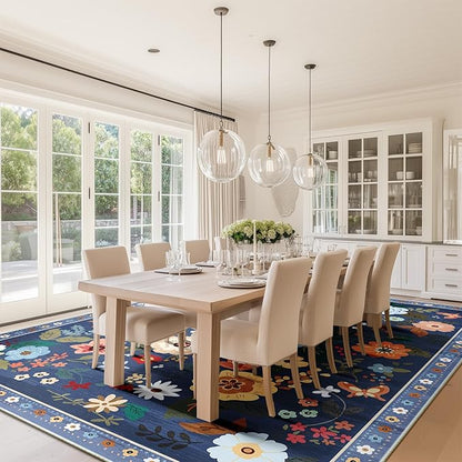 Floral 9x12 Area Rug Machine Washable Soft Print Boho Carpet Non Slip Doormat Low Pile Flower Area Rugs for Living Room Bedroom Nursery Kitchen Dining Room Indoor-Blue/Grey