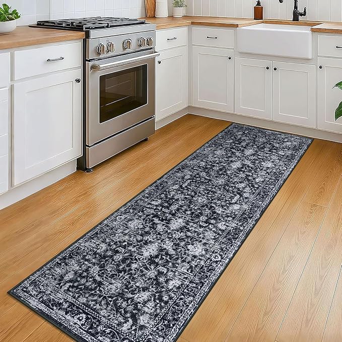 KILOCOCO Washable Runner 2x6 Rug Runner Printed Vintage Floral Kitchen Runners Non-Slip Rubber Backed Runners for Hallways Distressed Thin Soft Rugs for Entryway Laundry Room, Black/Navy/White