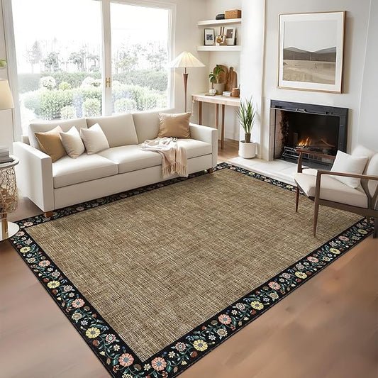 GarveeHome 10x13 Machine Washable Rugs for Living Room Large Area Rug Modern Floral Indoor Accent Carpet Low Pile Carpet Soft Throw Aesthetic Floor Cover for Bedroom Laundry Dining Room, Brown