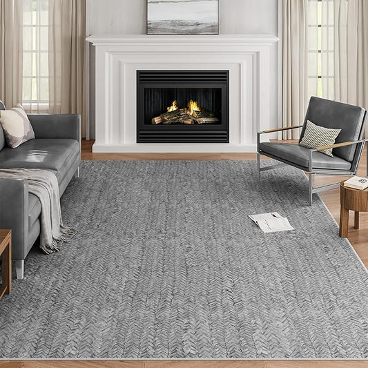 Eleisa Modern Vintage 9x12 Herringbone Chevron Area Rug, Non-Slip Stain Resistant Washable Rug, Light Grey Large Rug for Living Room, Farmhouse Carpet for Bedroom, Kitchen, Dining Room, Home Office