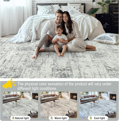 Area Rugs Living Room Rug - 4x6 Washable Modern Abstract Soft Neutral Non-Slip Carpet Large Indoor Floor Stain Resistant Thin Carpets for Bedroom Dining Room Farmhouse Nursery Home Office Grey