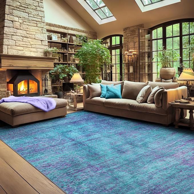 10x12 Abstract Area Rugs for Living Room, Modern Teal Purple Washable Indoor Rug for Bedroom, Soft Large Non-Slip Carpet for Dining Room Home Office Farmhouse Decor - Teal+Purple