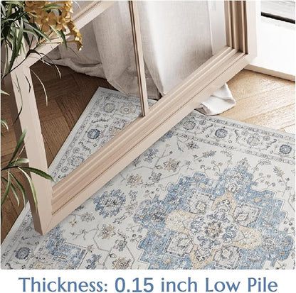jinchan Area Rug 5x7 Vintage Washable Bedroom Rug Floral Medallion Lightweight Non Slip Thin Retro Classic Soft Boho Floor Cover Farmhouse Carpet for Living Room Dining Room Kitchen Blue