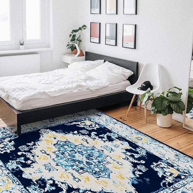 Bohemian Pattern Rectangular Area Rugs for Living Room Bedroom 5 x 6.9 ft Blue & Yellow Abstract Non-Shedding Soft Low Pile Rug Non Slip Washable Rug for Nursery Entryway Playroom