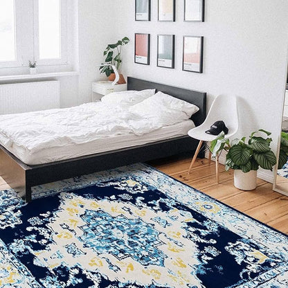 Bohemian Pattern Rectangular Area Rugs for Living Room Bedroom 5 x 8 ft Blue & Yellow Abstract Non-Shedding Soft Low Pile Rug Non Slip Washable Rug for Nursery Entryway Playroom