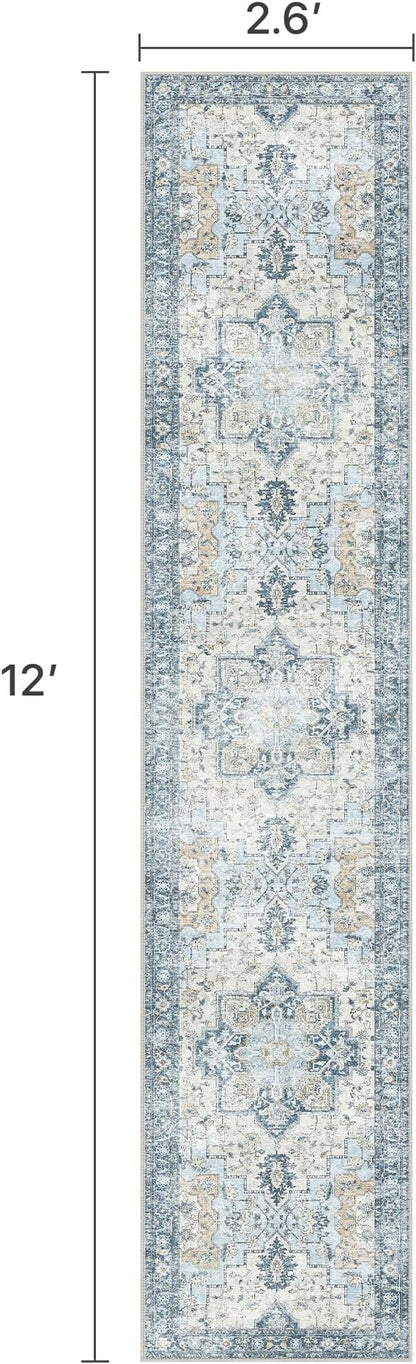 Runner Rug 2'6''x12, Non Slip Vintage Machine Washable Hallway Runner Rugs, Low Pile Lightweight Mat for Hallway, Entryway, Bedroom, Kitchen and Corridor, Blue