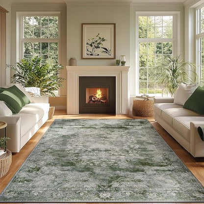jinchan Washable Area Rug 6x9 for Living Room - Soft Faux Wool Ultra-Thin Stain Resistant Non-Slip Distressed Vintage Floral Rug Large Carpet for Bedroom,Dining Room,Home Office,Nursery(Green, 6'x9')