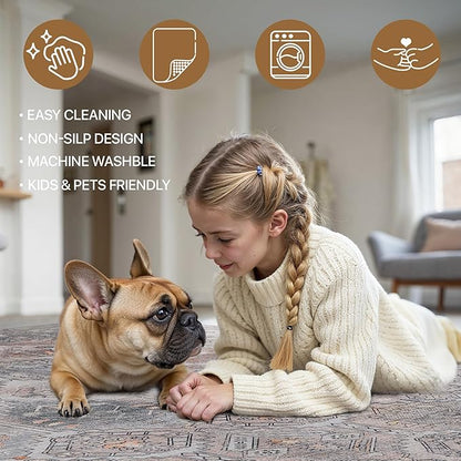 Bavni Washable Rug 3x5 Area Rug for Living Room Bedroom Dining, Washable Vintage Print Carpet, Ultra-Thin Chenille Low Pile Lightweight Rug with Non Slip Backing, Retro Grey