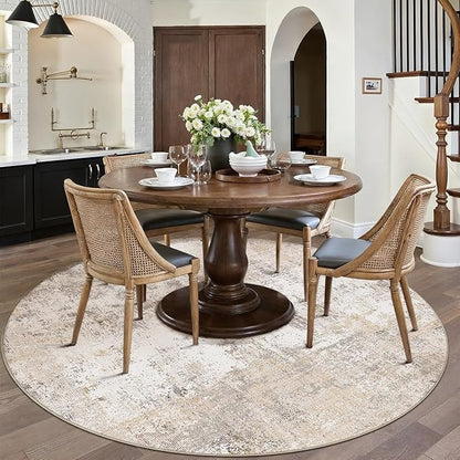 5x5 Washable Round Rug Beige Grey Abstract Living Room Bedroom Area Rug Neutral Modern Non Slip Soft Low Pile Indoor Carpet for Dining Room Office Entryway